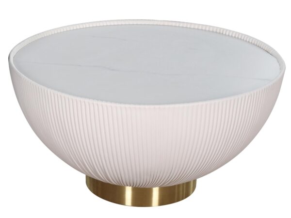 Designerski stolik kawowy biały ryflowany z marmurowym blatem i złotą podstawą