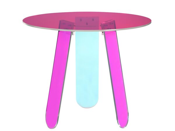 Okrągły stolik z różowo-niebieskimi nogami z transparentnego szkła i szklanym blatem