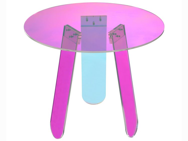 Stolik okrągły w stylu futurystycznym z blatem szklanym i kolorowymi nogami z akrylu