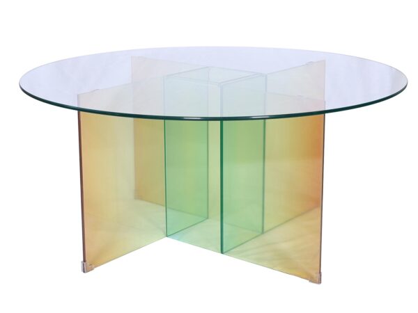Designerski stolik okrągły z transparentnym blatem i krzyżową podstawą z kolorowego szkła
