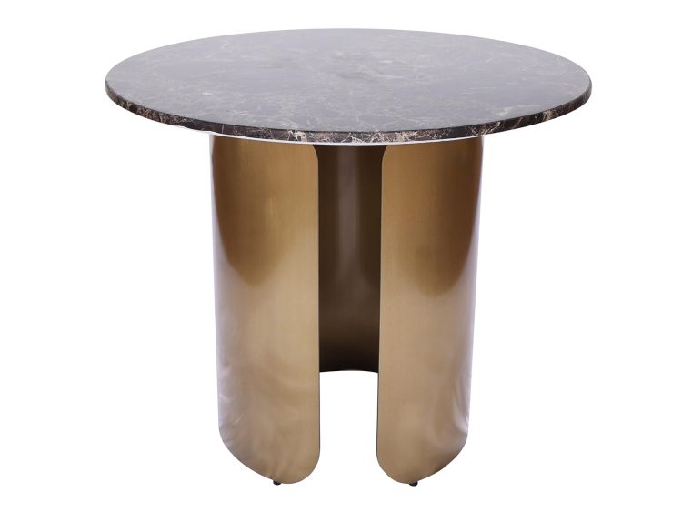 Okrągły stół z blatem w kolorze brązowego marmuru i złotą podstawą