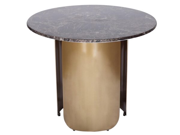 Okrągły stół z brązowym marmurowym blatem na złotych, cylindrycznych nogach