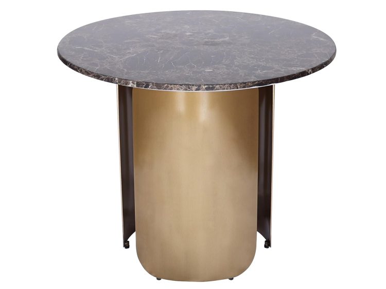 Okrągły stół z brązowym marmurowym blatem na złotych, cylindrycznych nogach