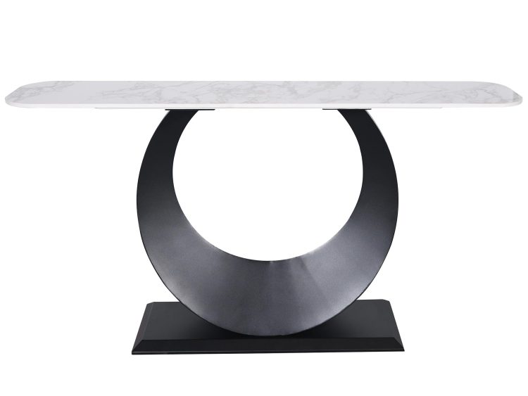 Okrągły stół z czarną podstawą pierścieniową i blatem z jasnego marmuru