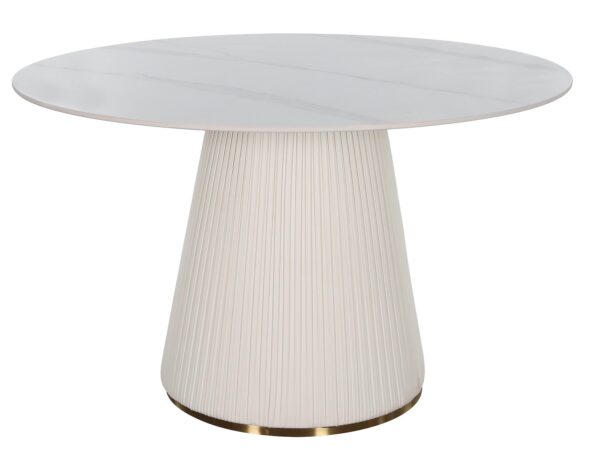 Okrągły stół jadalniany z białym blatem na stożkowej nodze w jasnym kolorze