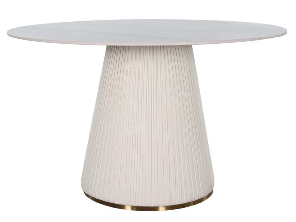 Okrągły stół z białym marmurowym blatem i stożkową, ryflowaną nogą w odcieniu jasnym