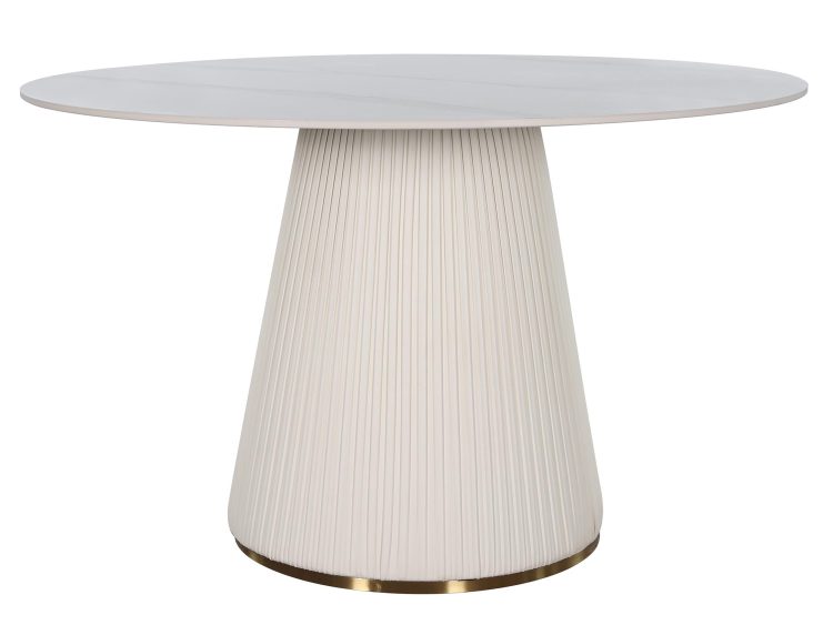 Okrągły stół z białym marmurowym blatem i stożkową, ryflowaną nogą w odcieniu jasnym