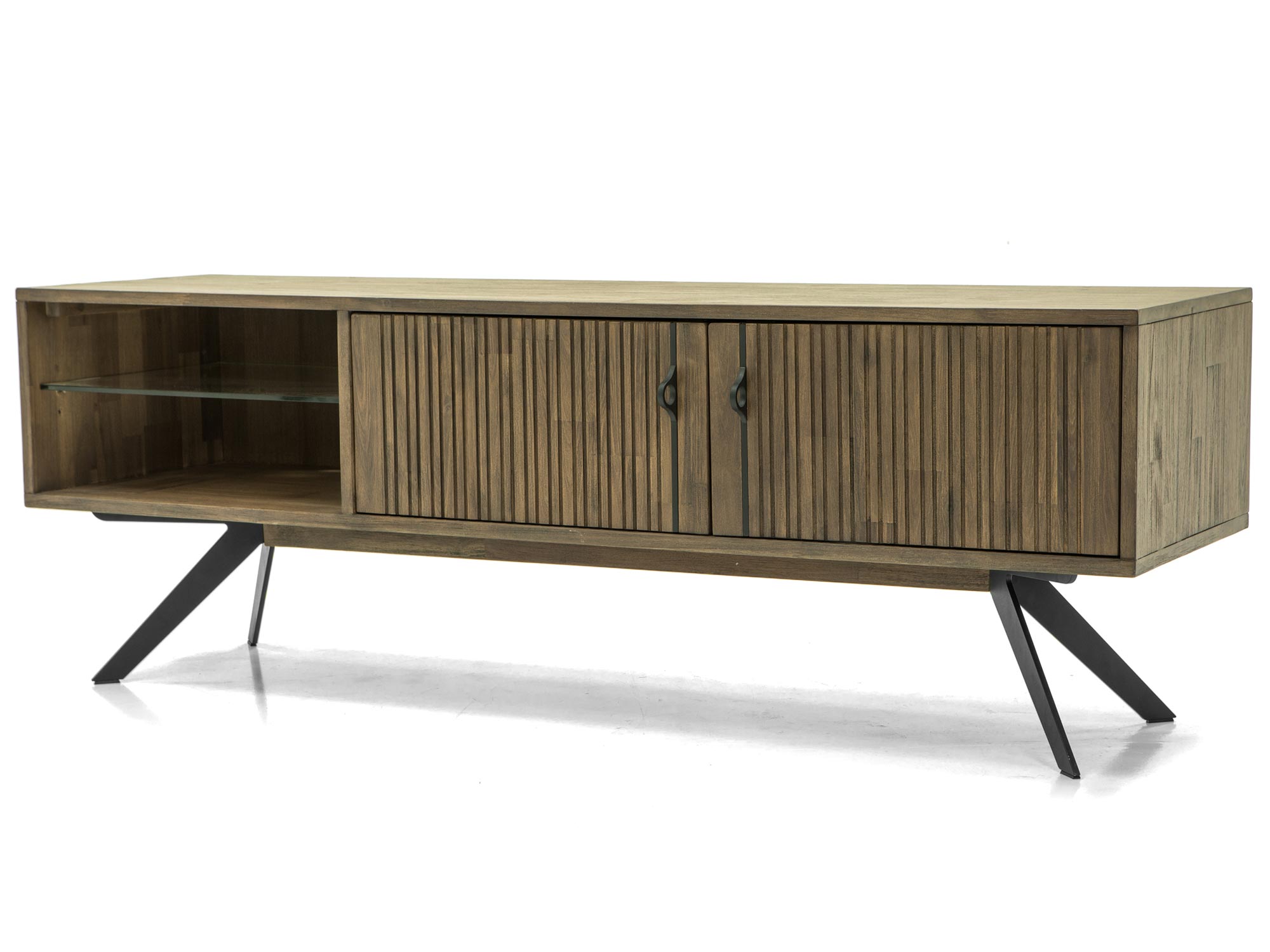 Szafka RTV z drewna w naturalnym odcieniu, z otwartą półką i lamelowymi drzwiczkami Szafka RTV z drewna w naturalnym odcieniu, z otwartą półką i lamelowymi drzwiczkami