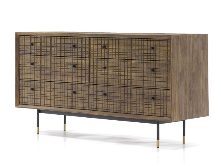 Komoda z sześcioma szufladami, fronty plecione, nóżki zakończone złotymi elementami