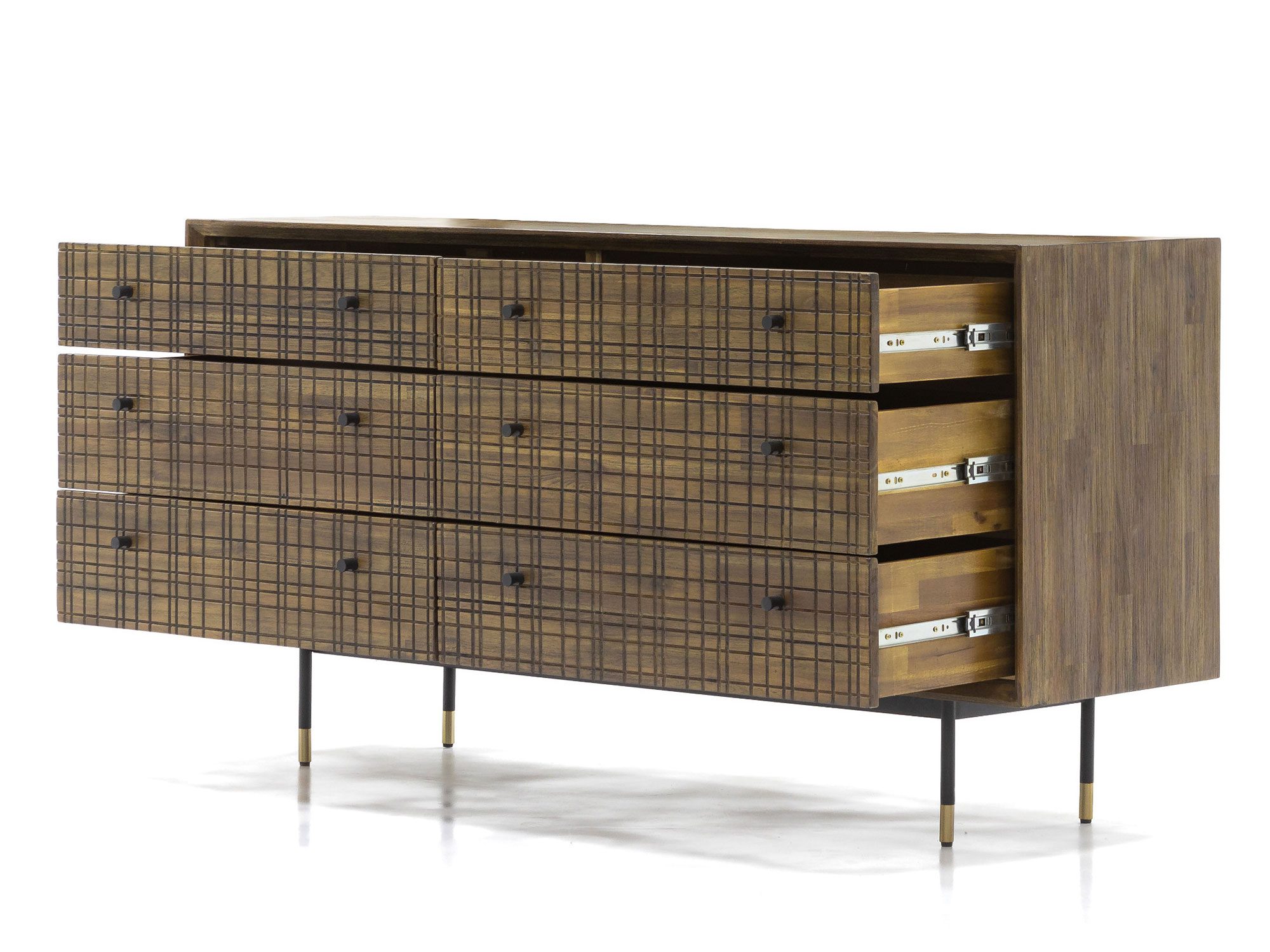 Komoda z sześcioma szufladami i plecionymi frontami, widok otwarty Komoda z sześcioma szufladami i plecionymi frontami, widok otwarty