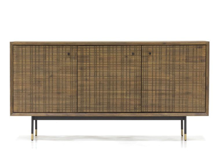 Komoda w stylu vintage z trzema sekcjami drzwi, czarna podstawa, złote stopki