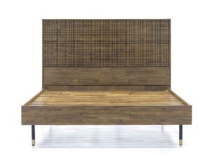 Drewniane łóżko retro z metalem i złotymi zdobieniami – Enigma