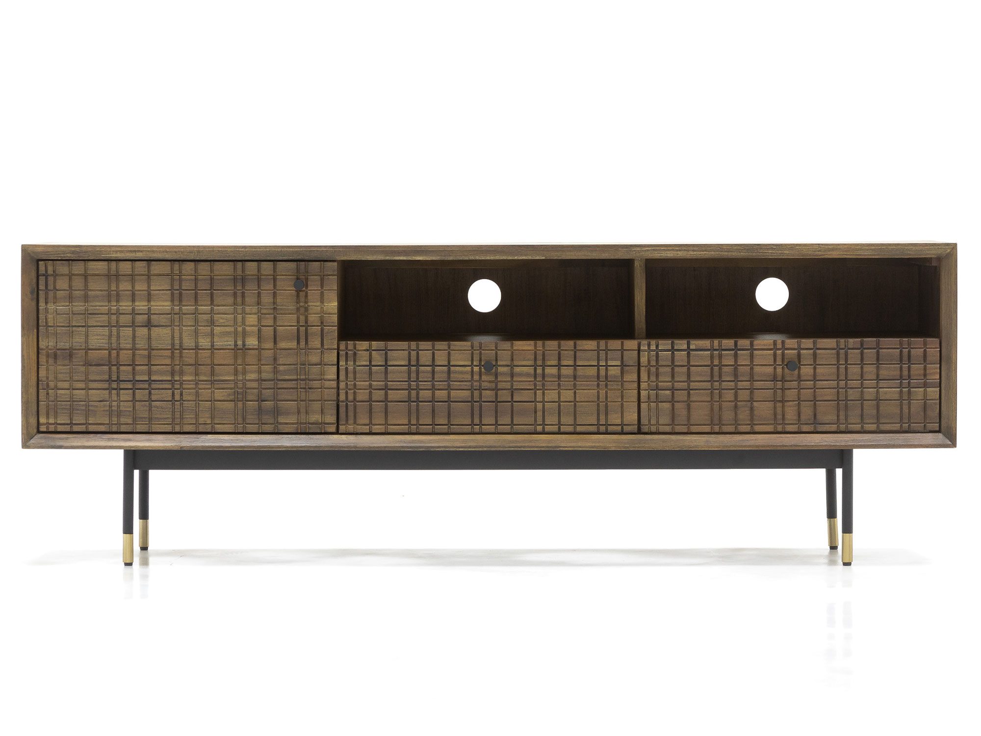 Szafka RTV niska z trzema sekcjami, fronty plecione, konstrukcja na czarnej ramie Szafka RTV niska z trzema sekcjami, fronty plecione, konstrukcja na czarnej ramie