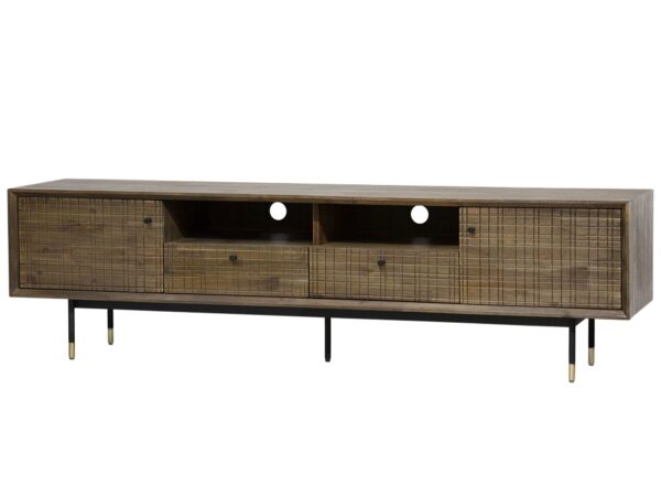 Szafka RTV niska z plecionymi frontami i czarną ramą z mosiężnymi zakończeniami nóg