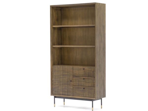 Wysoki regał z dolnymi szufladami z frontem plecionym i otwartymi półkami