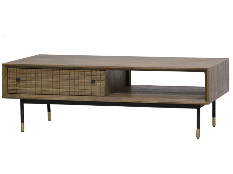 Niski stolik RTV z plecionym frontem i czarną ramą z mosiężnymi zakończeniami nóg