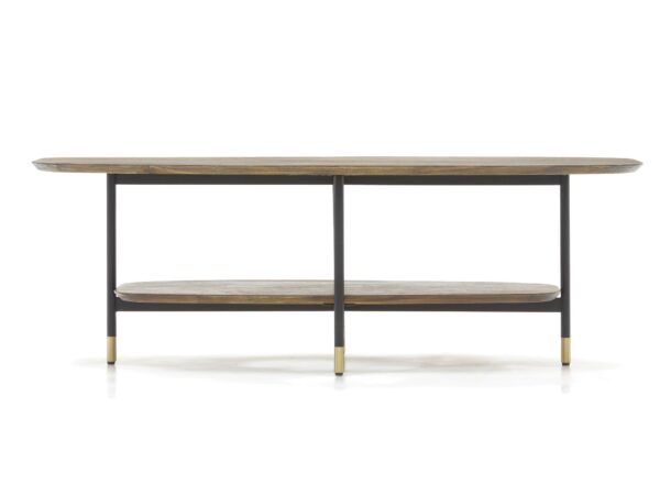 Owalny stolik konsolowy w stylu nowoczesnym z czarną ramą i złotymi stopkami