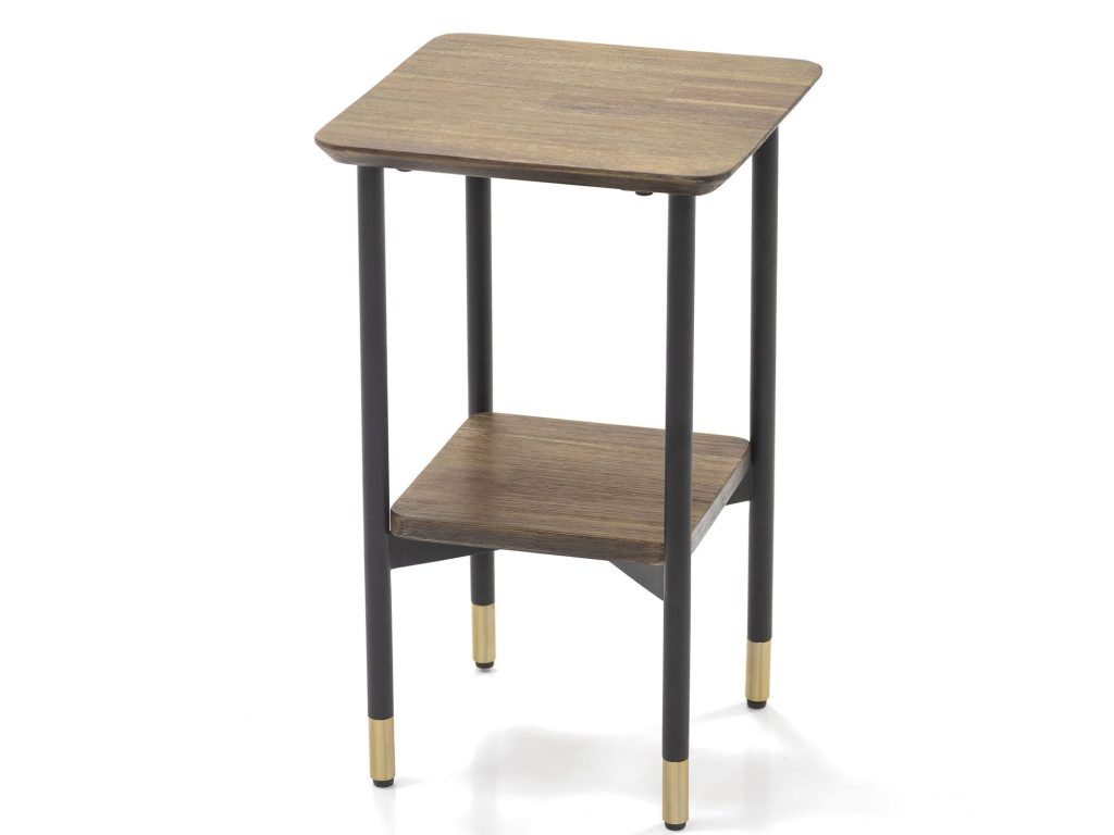 Retro stolik drewniany z metalem i złotymi detalami – Enigma