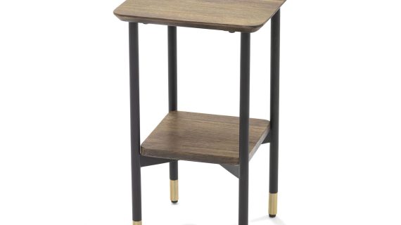 Retro stolik drewniany z metalem i złotymi detalami – Enigma