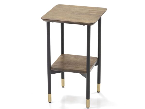Stolik boczny z półką dolną, blat drewniany, nogi czarne ze złotymi końcówkami