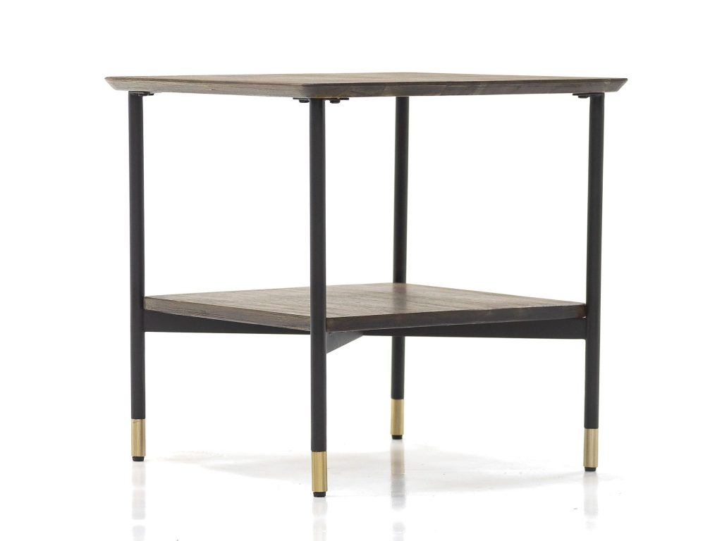 Designerski stolik retro z drewna i złotymi akcentami – Enigma