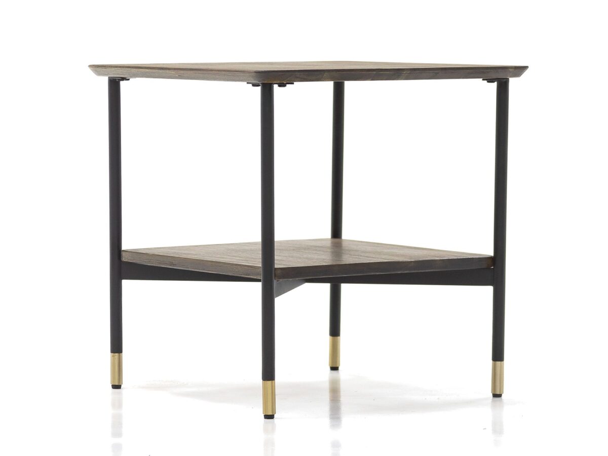 Designerski stolik retro z drewna i złotymi akcentami – Enigma