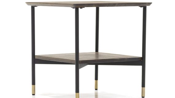 Designerski stolik retro z drewna i złotymi akcentami – Enigma