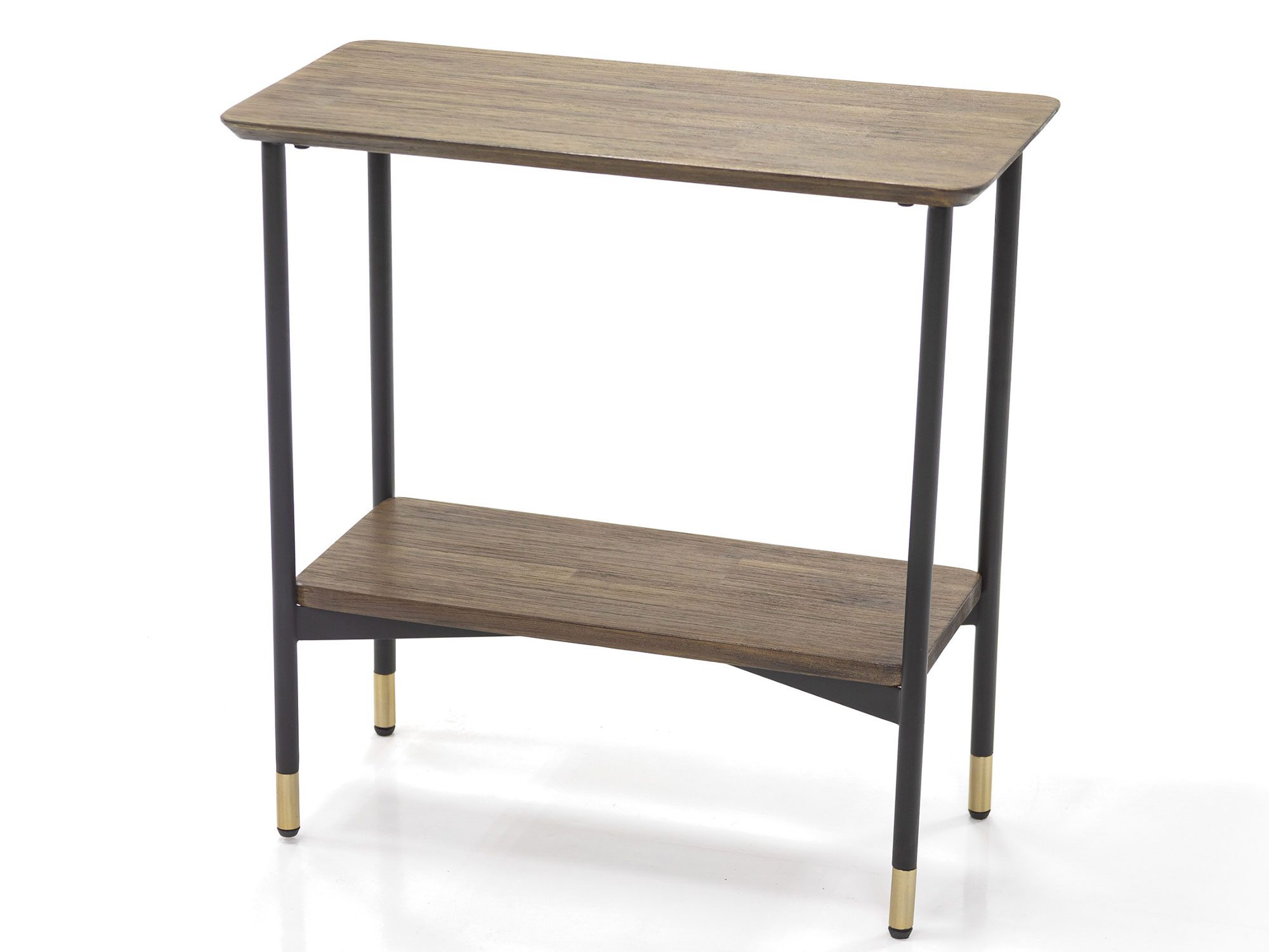 Konsola wąska z półką dolną i blatem drewnianym, czarna rama, złote końcówki nóg