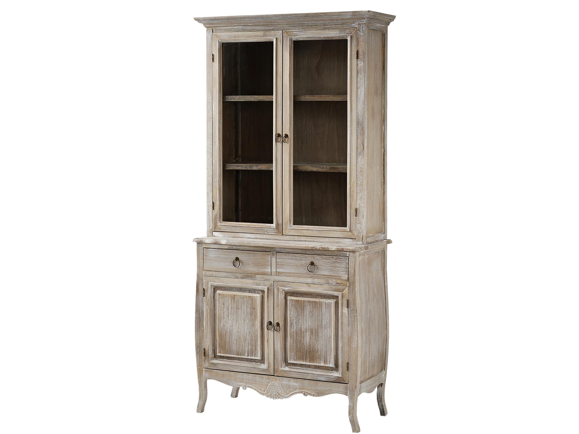 Stylowa witryna z półkami i szafką dolną w naturalnym drewnie Stylowa witryna z półkami i szafką dolną w naturalnym drewnie