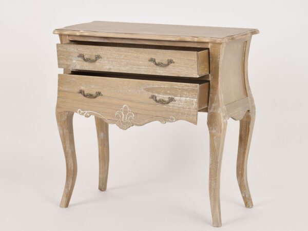 Drewniana szafka nocna z ozdobnym frontem i giętymi nogami