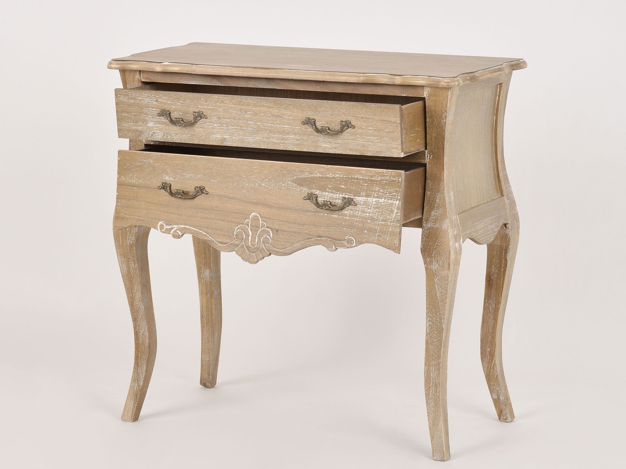 Drewniana szafka nocna z ozdobnym frontem i giętymi nogami Drewniana szafka nocna z ozdobnym frontem i giętymi nogami