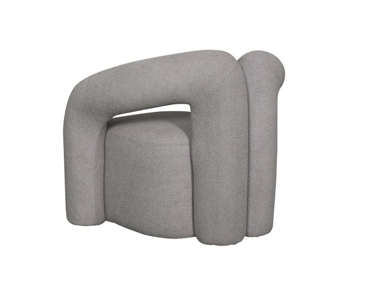 Szary fotel o nietypowym, artystycznym kształcie z okrągłym oparciem