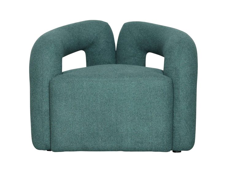 Stylowy fotel w ciemnozielonej tkaninie boucle z masywnym siedziskiem i obłymi liniami