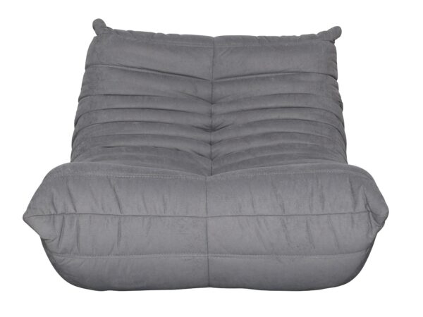 Tapicerowany fotel podłogowy w odcieniu grafitowym z miękkim siedziskiem i oparciem w formie poduch