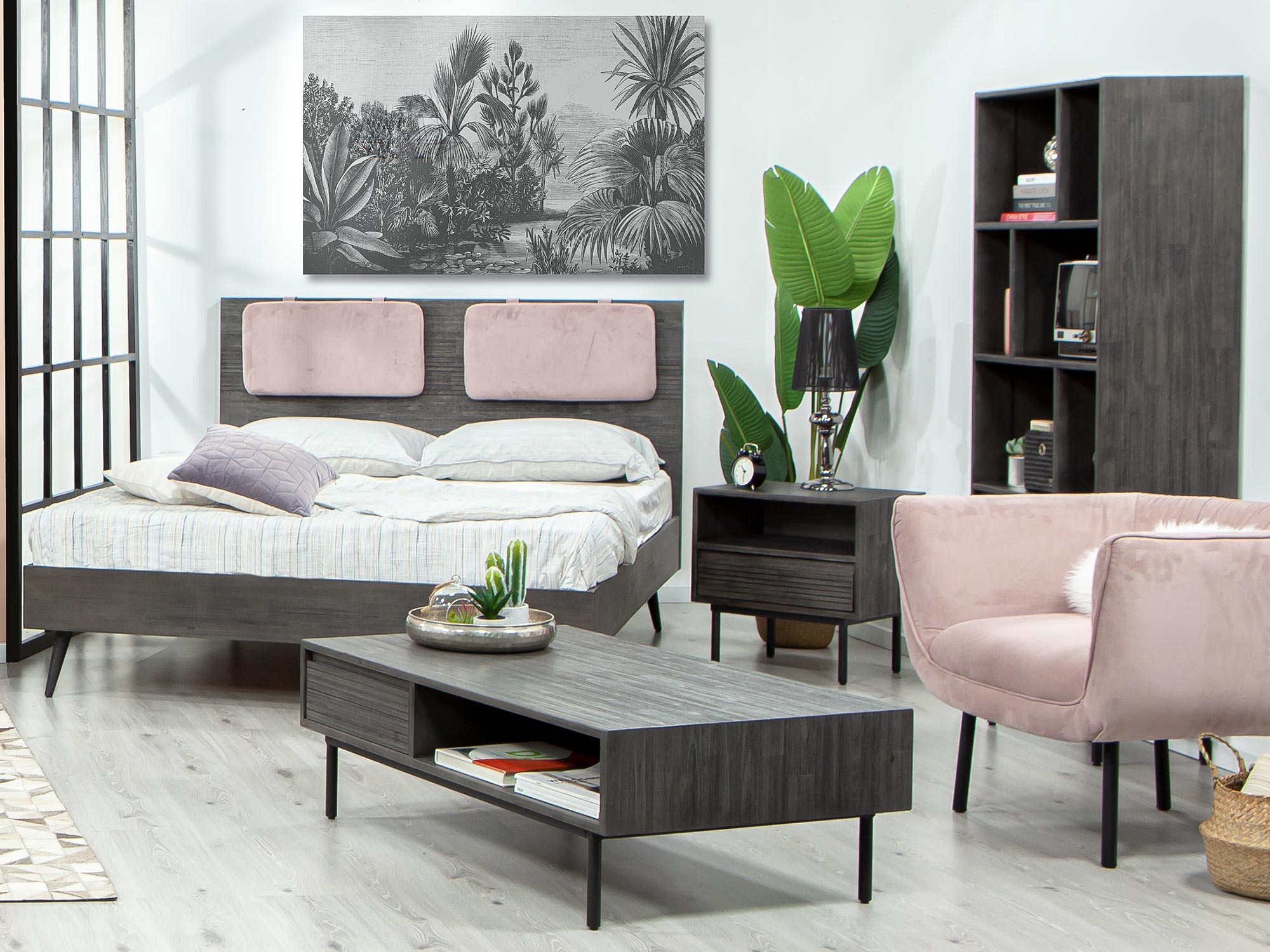 Aranżacja sypialni z łóżkiem i stolikiem kawowym w stylu loftowym