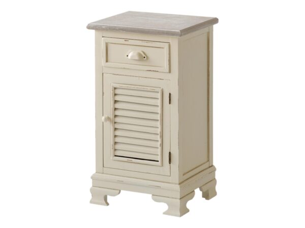 Szafka nocna w stylu vintage z uchylnymi drzwiczkami żaluzjowymi