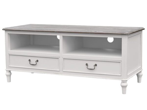 Komoda RTV z dwiema szufladami i otwartą półką w stylu shabby chic