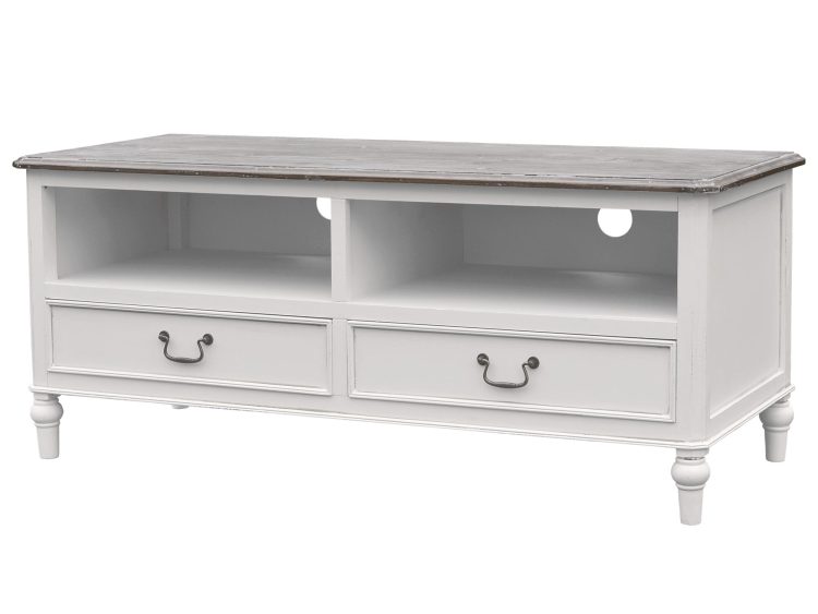 Komoda RTV z dwiema szufladami i otwartą półką w stylu shabby chic