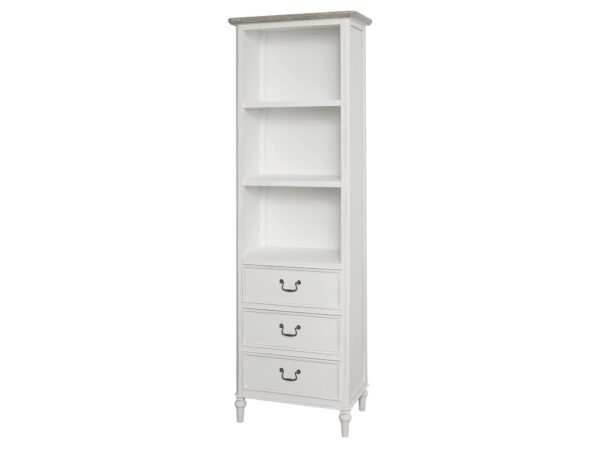 Wysoka biała witryna z trzema szufladami i rzeźbioną podstawą