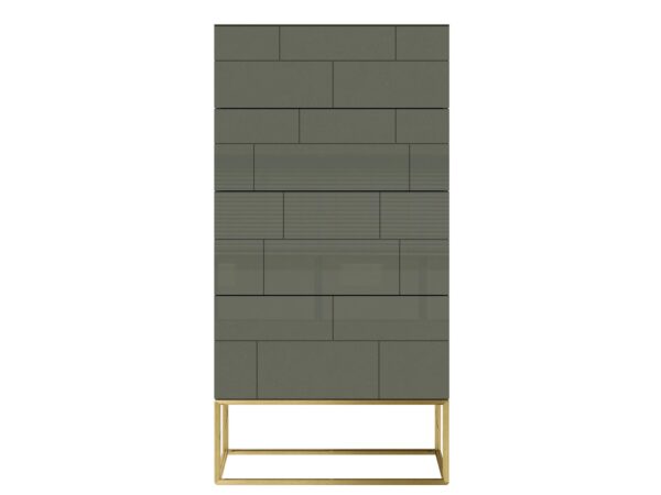 Wysoka wąska komoda w kolorze oliwkowej zieleni na złotej metalowej podstawie