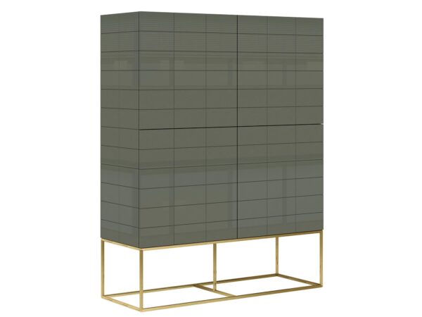 Wysoka oliwkowa komoda na złotej podstawie, widok z boku