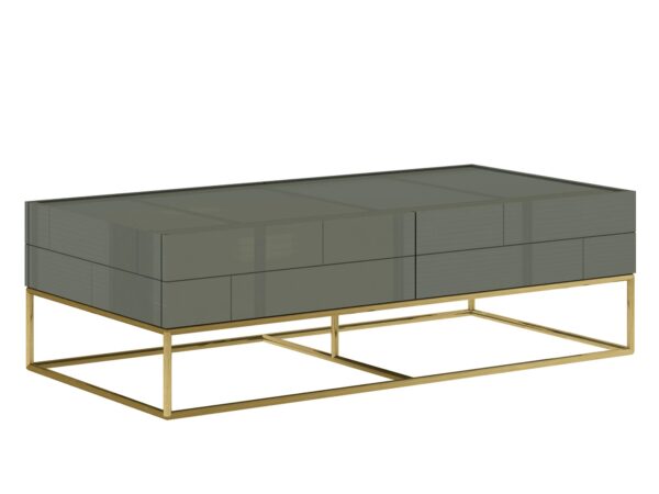 Niska oliwkowa komoda na złotej podstawie, w nowoczesnym stylu glamour