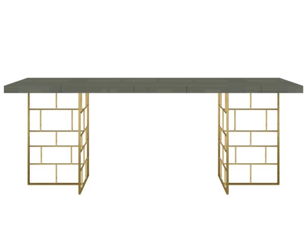 Nowoczesny stół z oliwkowym blatem i geometryczną złotą podstawą