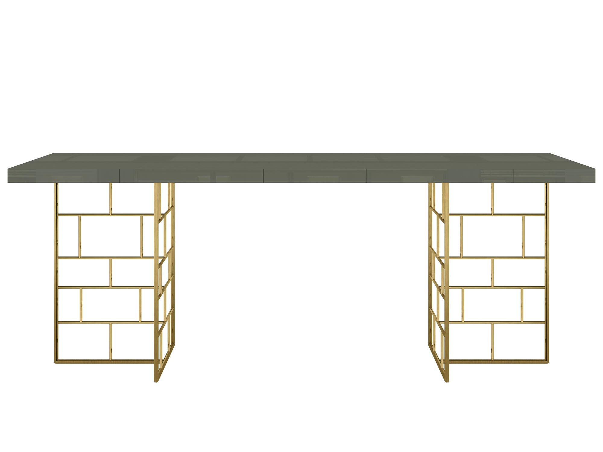 Nowoczesny stół z oliwkowym blatem i geometryczną złotą podstawą