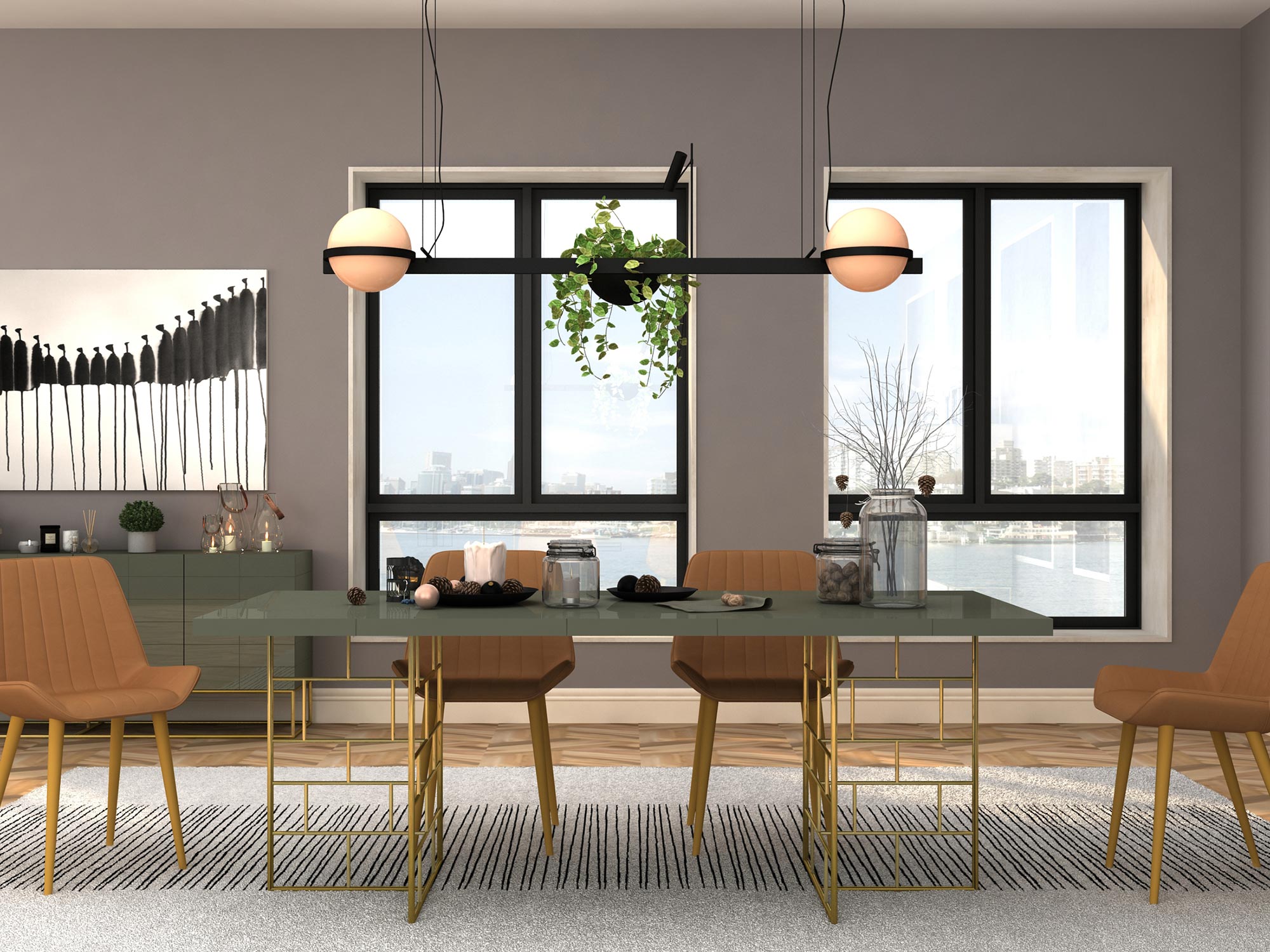 Aranżacja jadalni z dużym stołem i krzesłami w nowoczesnym wnętrzu z panoramicznym oknem
