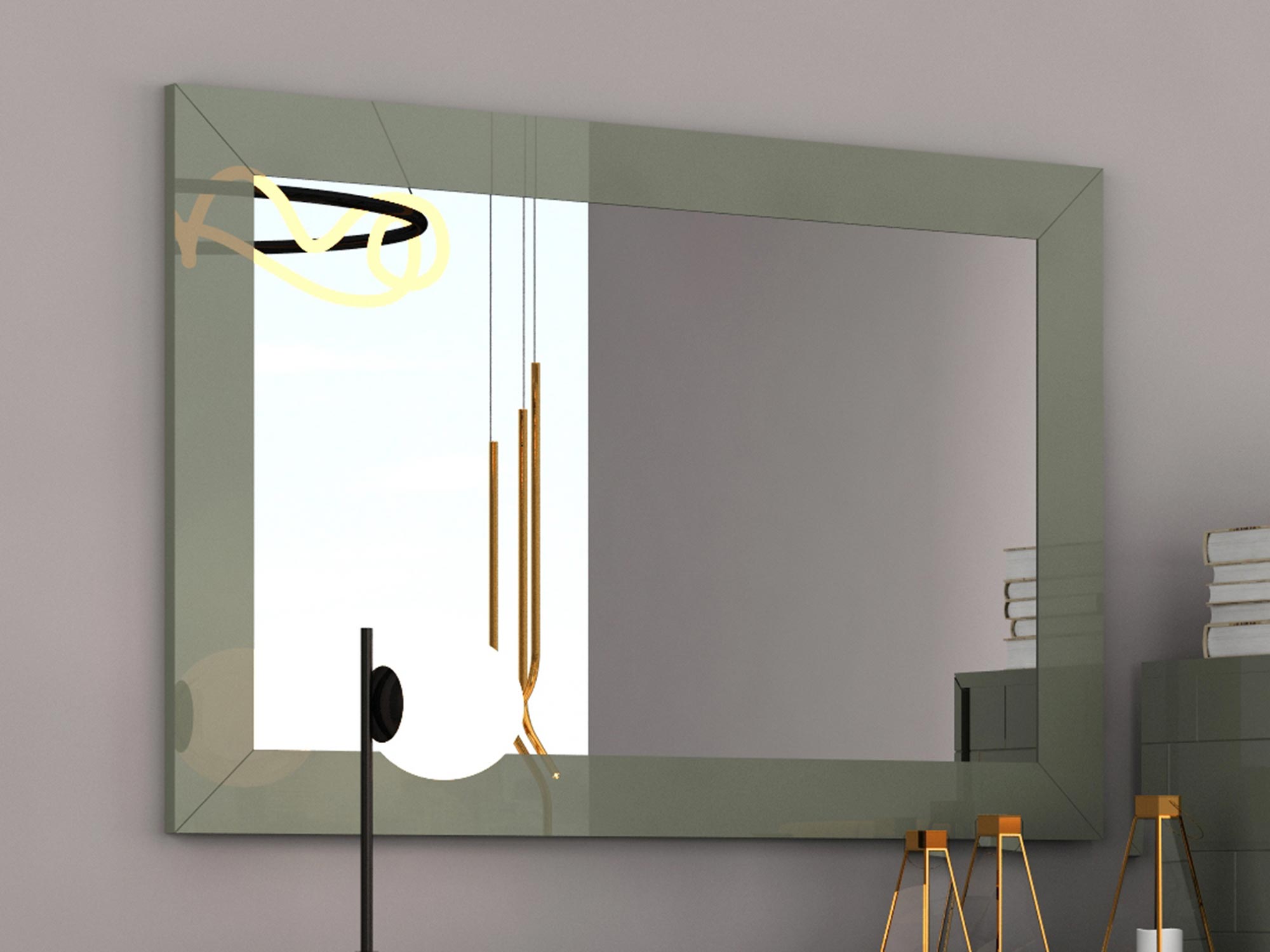 Duże lustro w oliwkowej ramie, ustawione w nowoczesnym wnętrzu