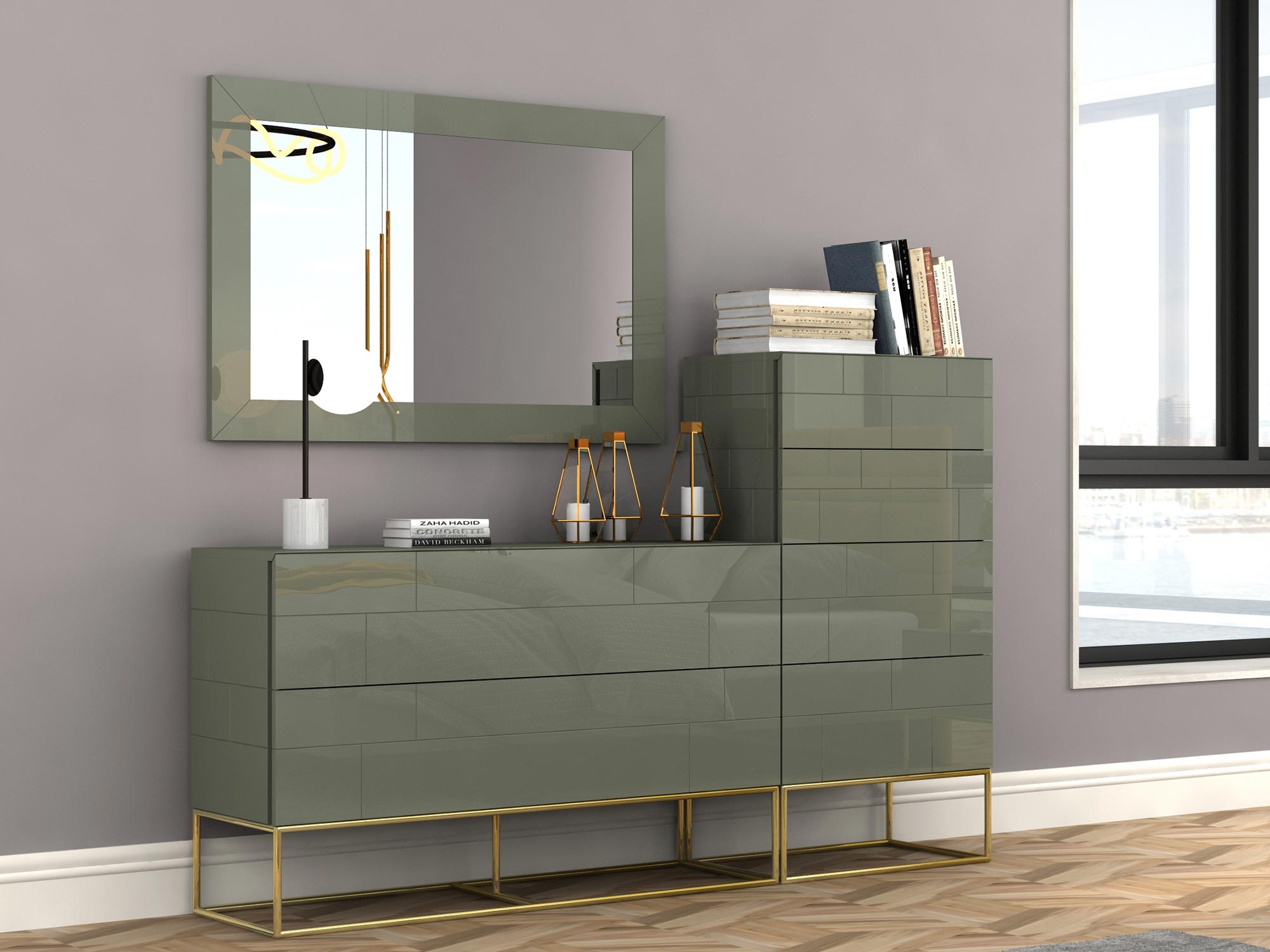 Aranżacja wnętrza z zieloną komodą i dużym prostokątnym lustrem