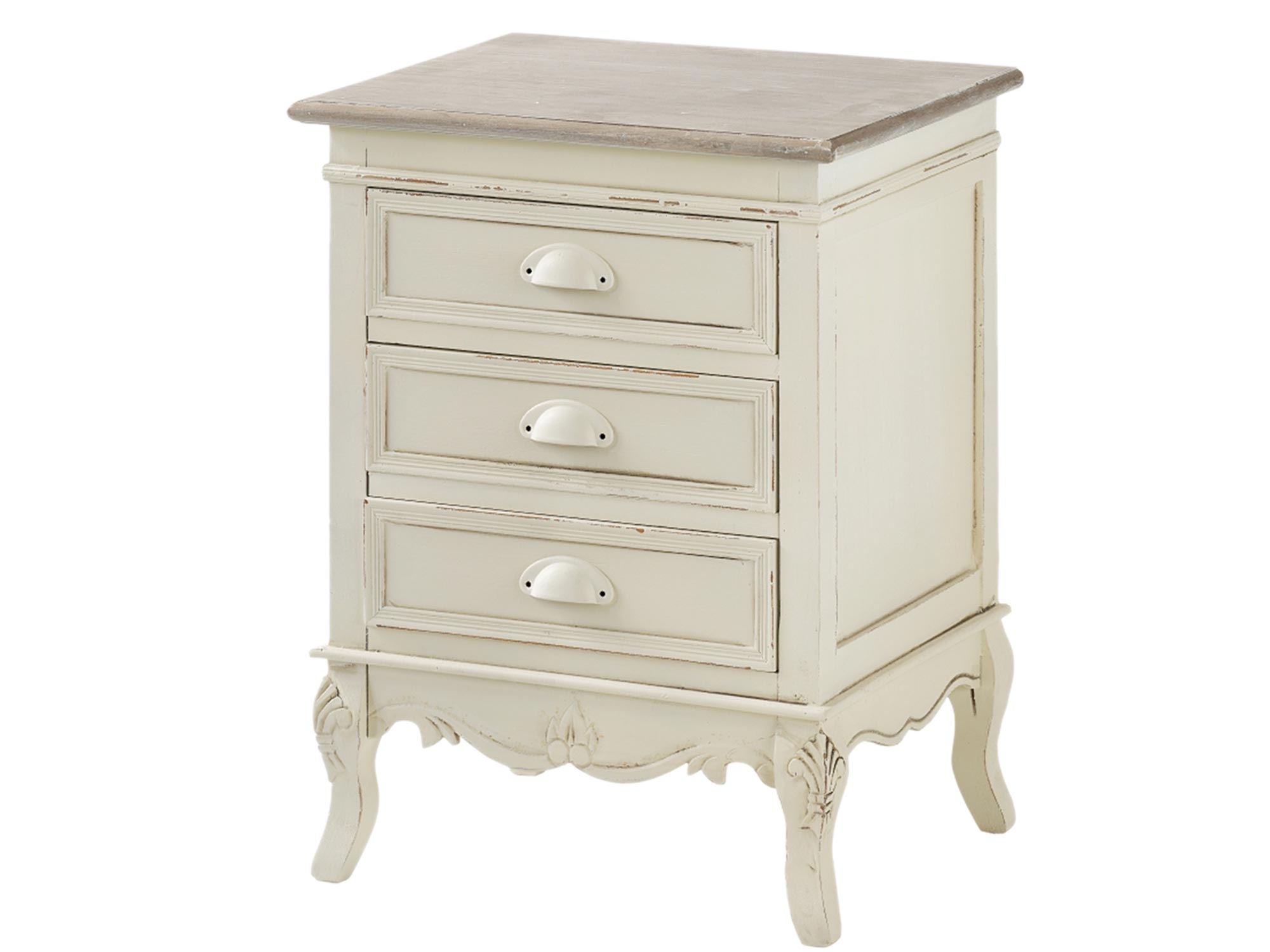 Szafka nocna prowansalska z przetarciami i trzema szufladkami Szafka nocna prowansalska z przetarciami i trzema szufladkami