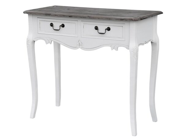 Biała konsola z giętymi nogami i blatem z drewna