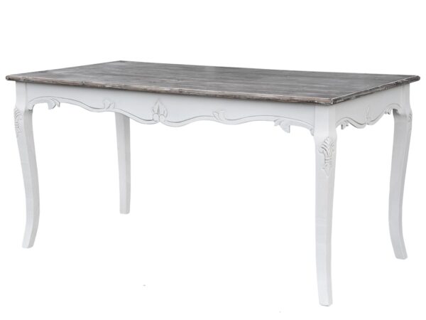 Elegancki stół z drewnianym blatem i białymi rzeźbieniami